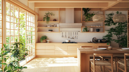 This beautiful kitchen showcases modern design with natural light, wooden elements, and lush greenery, creating a warm and inviting space for cooking and relaxation.の素材