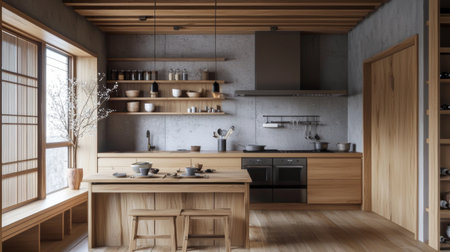 A beautifully designed modern kitchen with wooden features, open shelves, and natural decor, perfect for cooking and dining in a warm and inviting space.の素材