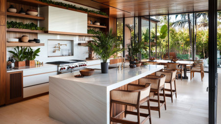 Discover a beautifully designed modern kitchen that combines elegance and functionality, featuring sleek surfaces, wooden accents, and an abundance of greenery.の素材