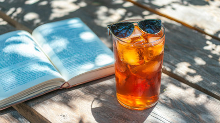 A tall glass of refreshing iced tea, adorned with stylish sunglasses, sits beside an open book on a sunlit wooden table, inviting relaxation during warm summer days.の素材