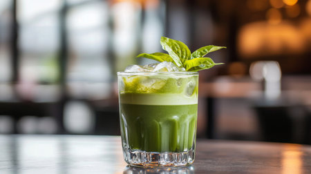 A refreshing green herbal beverage served in a clear glass filled with ice and garnished with fresh basil. Perfect for a stylish bar setting or summer gathering.の素材