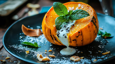 Indulge in the visual delight of a baked pumpkin dessert topped with creamy sauce, fresh mint, and nuts, showcasing a perfect blend of rustic charm and gourmet elegance.の素材