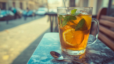 A glass of refreshing iced tea garnished with lemon slices and mint leaves sits on an outdoor table, capturing the essence of summer and city life.の素材