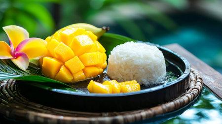 This exquisite platter features ripe mangoes cut into cubes paired with creamy coconut sticky rice, elegantly presented with a flower and leaves, perfect for summer indulgence.の素材