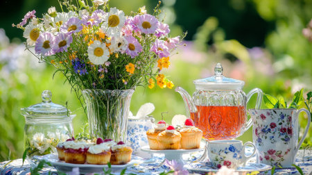 Enjoy a beautiful afternoon tea in a vibrant garden, featuring a charming teapot, delicious cupcakes, and fresh flower arrangements, perfect for a delightful gathering.の素材
