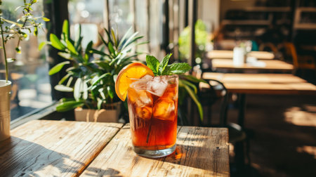 A vibrant summer beverage served in a glass with ice, garnished with fresh mint and orange slice, resting on a wooden table in a bright cafe setting.の素材