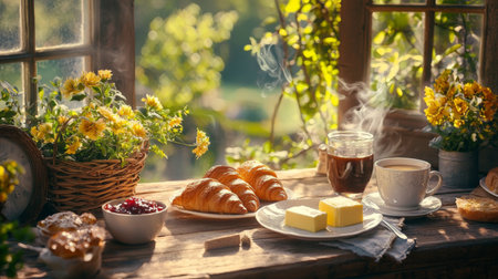 Experience a delightful breakfast scene with fresh croissants, creamy butter, and vibrant flowers, set in a sunlit garden, perfect for enjoying a peaceful morning.の素材