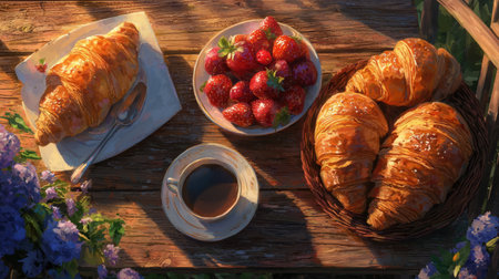 Enjoy a delightful morning scene featuring freshly baked croissants, ripe strawberries, and coffee on a rustic wooden table. Embrace the warm ambiance of nature.の素材