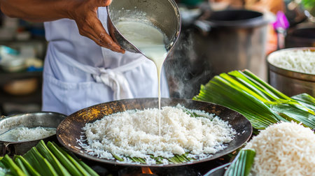 A culinary scene displays a chef pouring coconut milk onto rice in a traditional outdoor market. The steam rises amid vibrant colors, highlighting local food culture.の素材