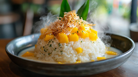Enjoy a stunning presentation of mango sticky rice topped with fresh mango chunks and crispy coconut flakes, creating a delightful and aromatic dessert experience.の素材