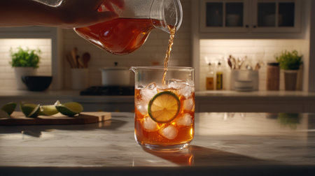 A hand pours refreshing iced tea with fresh lime into a glass filled with ice, set in a cozy kitchen. Perfect for summer gatherings and home entertaining.の素材