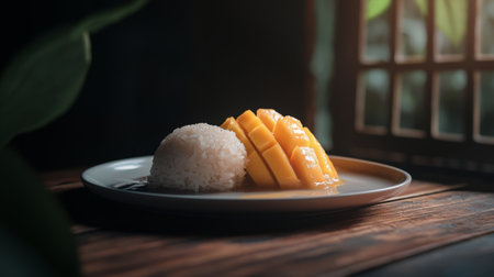 A beautiful arrangement of mango sticky rice offers a delightful culinary experience. The combination of sweet mango and silky texturecreates a memorable dish, perfect for food lovers.の素材