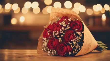 A stunning arrangement of red roses elegantly wrapped in decorative paper, sitting on a wooden table surrounded by soft, blurred fairy lights, creating a cozy atmosphere.の素材