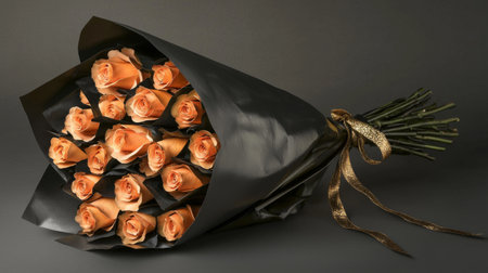 A stunning bouquet of peach roses is elegantly wrapped in glossy black paper and adorned with a golden ribbon. This arrangement radiates beauty and sophistication, ideal for any romantic occasion.の素材