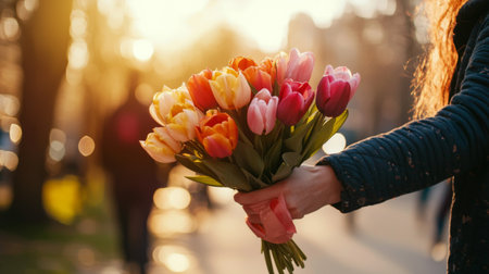 A person holds a vibrant bouquet of tulips, showcasing various colors in a park during golden hour. The warm sunlight creates a joyful and serene atmosphere.の素材