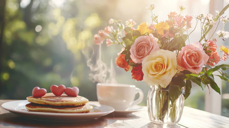 A beautifully arranged breakfast scene featuring pancakes topped with heart-shaped decor, a steaming cup of coffee, and vibrant flowers to evoke warmth and joy.の素材