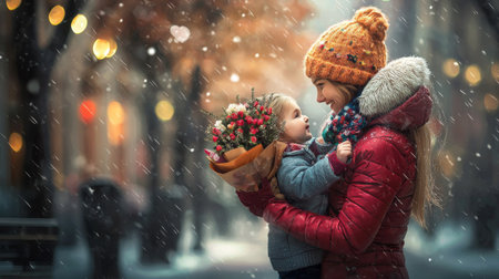 A heartwarming scene of a mother and daughter sharing a joyful moment in a snowy city environment, surrounded by beautiful flowers and soft snowfall.の素材