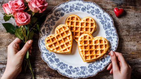 Indulge in heart-shaped waffles served on a delicate floral plate, accompanied by fresh pink roses, ideal for creating a romantic breakfast setting.の素材