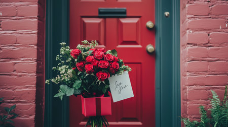 A striking arrangement of red roses in a box sits next to a red door, creating a warm and inviting atmosphere perfect for expressing love and celebration.の素材