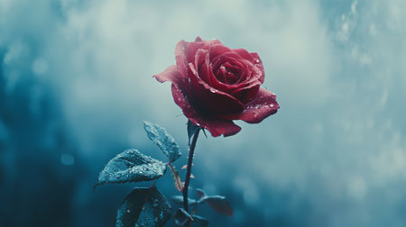 A stunning single red rose adorned with water droplets, set against a soft blue background. This image captures the essence of beauty and tranquility in nature.の素材