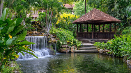 Discover a tranquil tropical garden featuring a charming pavilion beside a gentle waterfall, surrounded by vibrant greenery, perfect for relaxation and escape.の素材