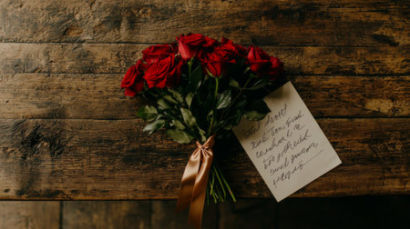 A charming bouquet of fresh red roses rests on a rustic wooden table, accompanied by a handwritten note, embodying love and affection for special occasions.の素材