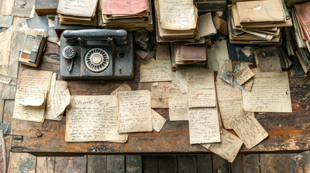 A captivating scene featuring a vintage telephone amidst scattered old letters and stacks of antique notebooks, evoking nostalgia and a sense of history.の素材