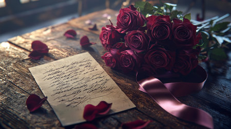 A captivating scene with red roses and a handwritten love letter on a rustic wooden table creates an intimate atmosphere filled with romance and affection.の素材
