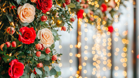 A stunning display of roses and greenery draped elegantly with warm twinkling lights, perfect for creating a romantic and festive atmosphere for any celebration.の素材
