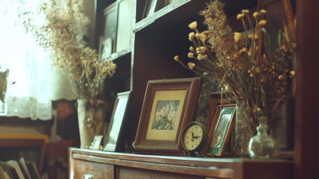 A beautifully arranged vintage wooden shelf highlights antique frames and dried flowers, evoking a cozy and nostalgic atmosphere, perfect for home decor inspiration.の素材