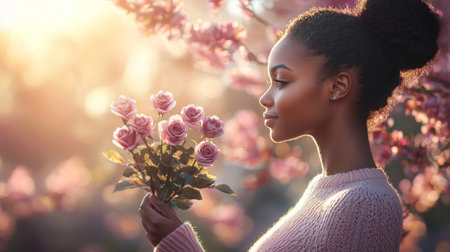 A stunning portrait of a young woman holding a bunch of pink roses in a blossoming garden. The warm light and serene background create a peaceful and dreamy atmosphere.の素材