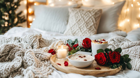 Enjoy a romantic breakfast in bed featuring fresh roses, a cozy blanket, and delicious yogurt parfait, all illuminated by soft candlelight to create a warm atmosphere.の素材