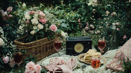 This charming vintage picnic scene showcases a retro radio, delicate flowers, refreshing drinks, and tasty snacks, perfect for a serene afternoon in nature.の素材