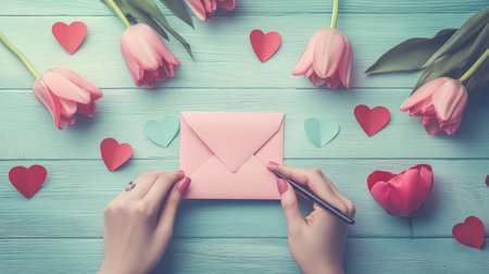 A beautifully arranged scene featuring pink tulips, hearts, and a love note on a light blue wooden surface, perfect for capturing the essence of romance and celebration.の素材