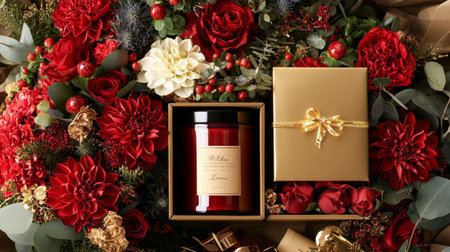 This captivating image features a beautiful holiday arrangement with vibrant red flowers, a luxurious gift box, and a scented candle, perfect for festive occasions.の素材