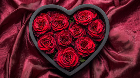 A stunning heart-shaped box is filled with red roses, elegantly set on rich satin fabric. This arrangement evokes feelings of love and romance, perfect for gifts.の素材