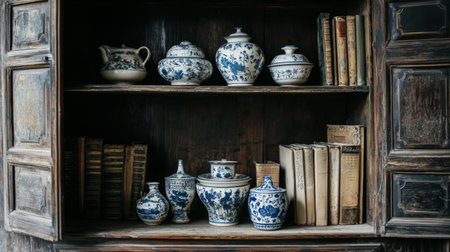 Captivating vintage wooden shelf featuring exquisite blue and white porcelain jars and vases paired with antique books, creating a warm and nostalgic home ambiance.の素材
