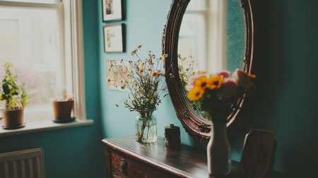 This captivating image showcases a cozy interior scene with a vintage mirror and vibrant flowers in various vases, beautifully illuminated by natural light.の素材
