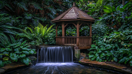A scenic view of a wooden gazebo nestled in a tropical garden setting, overlooking a peaceful waterfall surrounded by vibrant greenery, perfect for nature lovers.の素材