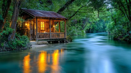 A cozy cabin by a flowing river captures the essence of tranquility at twilight, with warm lighting surrounded by lush greenery, ideal for nature lovers.の素材