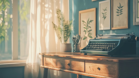 A warm and inviting scene featuring a vintage typewriter on a wooden table, illuminated by soft sunlight, surrounded by artistic botanical prints and indoor plants.の素材