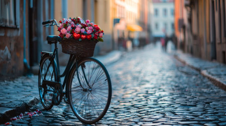 A vintage bicycle stands on a charming cobblestone street, adorned with a basket of colorful flowers. The sunlit scene captures the essence of urban beauty and nostalgia.の素材