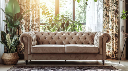 A beautifully designed living room featuring a plush beige couch, complemented by vibrant green plants and elegant curtains, creating a warm, inviting atmosphere.の素材