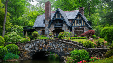 A stunning stone cottage set amidst vibrant greenery and colorful flowers, featuring a quaint bridge over a tranquil pond, creating a serene outdoor retreat.の素材