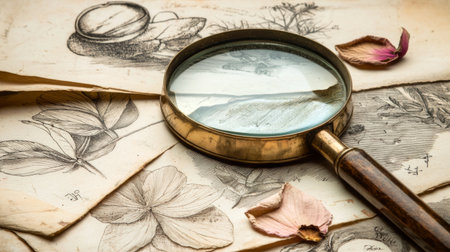A vintage magnifying glass rests on a collection of old botanical illustrations and dried petals, creating an artistic and nostalgic atmosphere of exploration and discovery.の素材