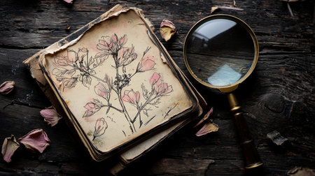 A stunning vintage botanical illustration showcases delicate flowers on textured paper, accompanied by a magnifying glass and dried rose petals, evoking timeless beauty.の素材