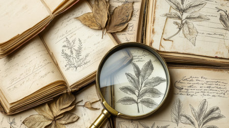 Explore the intricate beauty of vintage botanical illustrations, featuring a magnifying glass on detailed drawings of leaves, surrounded by dried foliage and notes.の素材