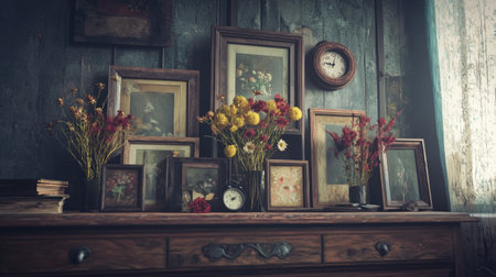 A charming vintage decor style showcases a wooden table adorned with picture frames and vibrant flowers, creating a cozy atmosphere filled with nostalgia.の素材