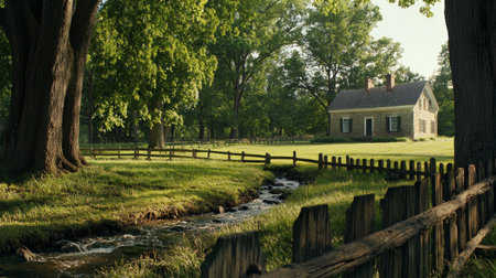 This idyllic rural scene features a charming house surrounded by lush greenery and a gentle stream. The bright morning light enhances the beauty of the serene landscape.の素材