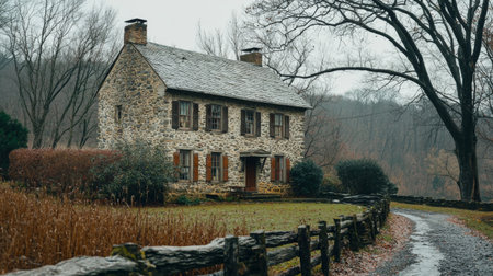 A charming rural stone house set against a serene backdrop of nature on a rainy day. The gravel path leads to a cozy home surrounded by trees, inviting tranquility.の素材
